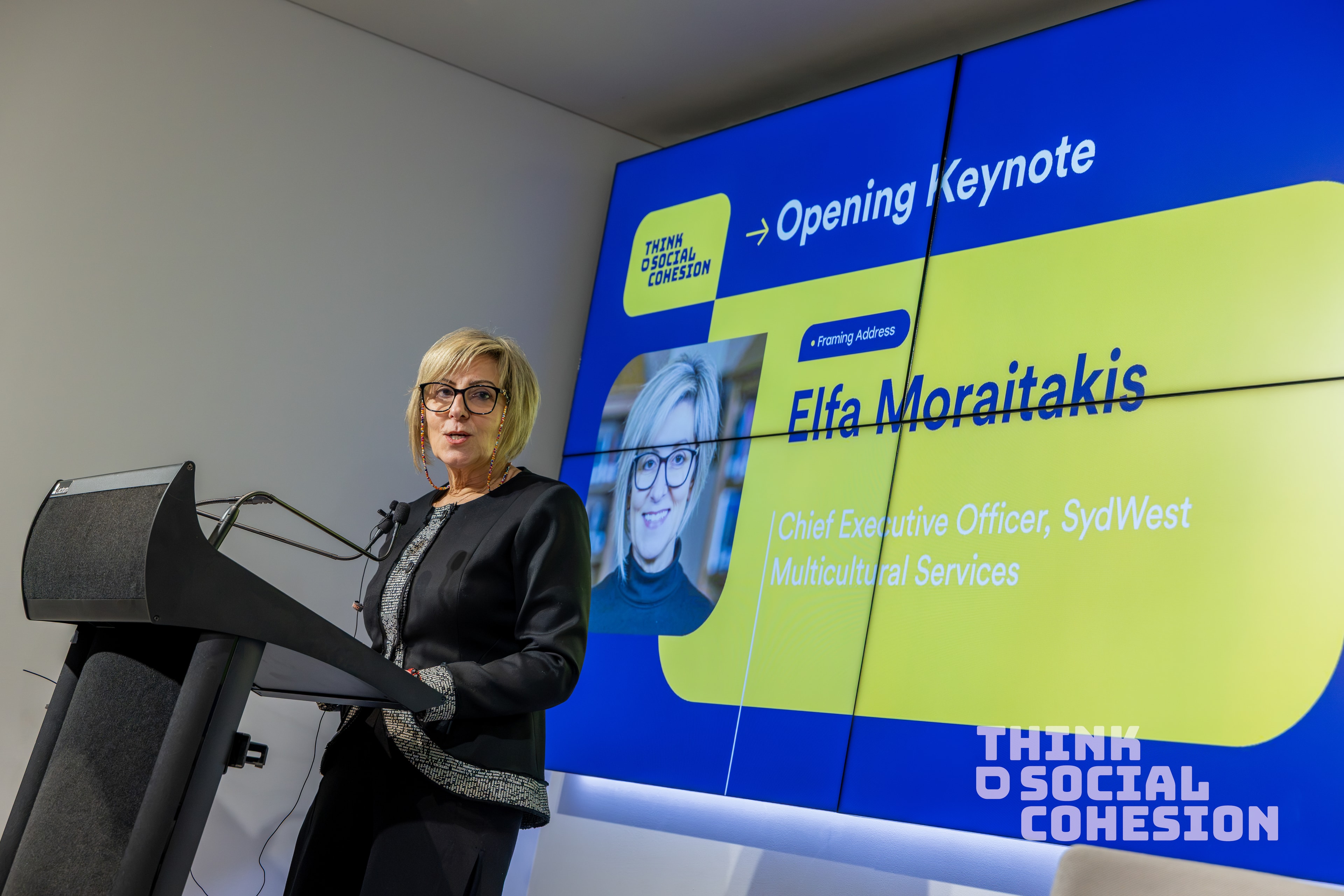 Elfa Moraitakis, Chief Executive Officer of SydWest Multicultural Services, delivering the opening keynote at the Think Social Cohesion National Summit